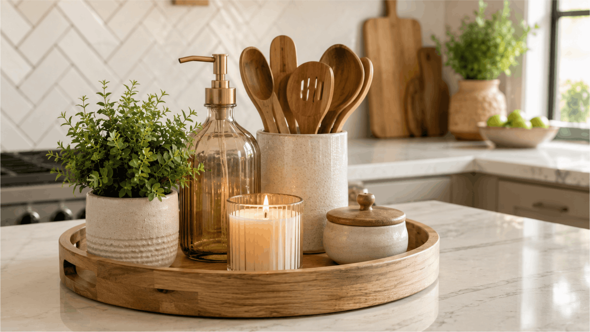wooden tray with kitchen decor featuring a potted plant candle soap dispenser and wooden utensils on countertop