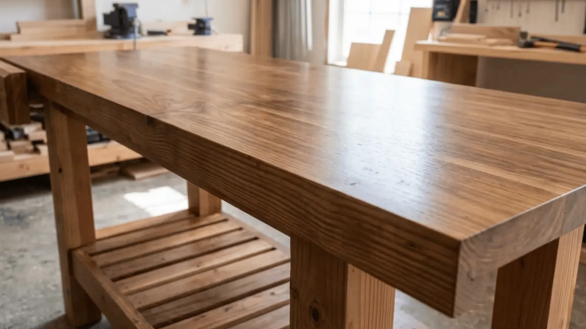 wooden workbench with smooth polished tabletop and lower slatted shelf standing in a bright woodworking shop