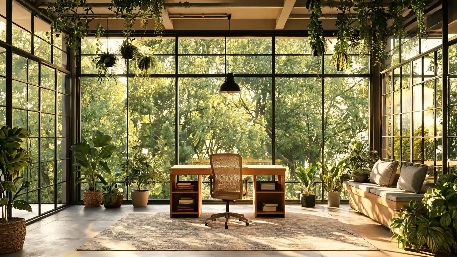 wooden desk with open shelving and a mesh ergonomic chair centered on a rug with hanging plants above
