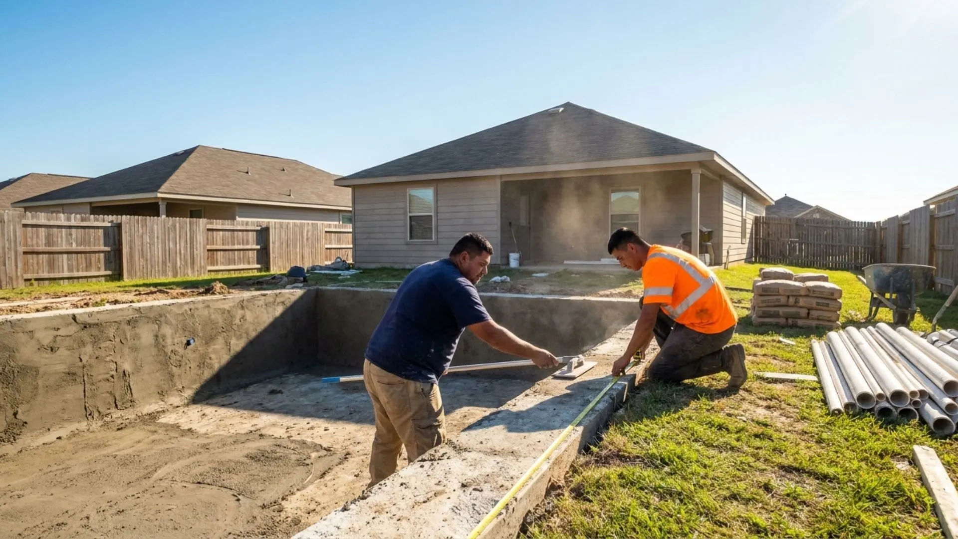 workers building residential swimming pool area during backyard home improvement construction and outdoor property upgrade
