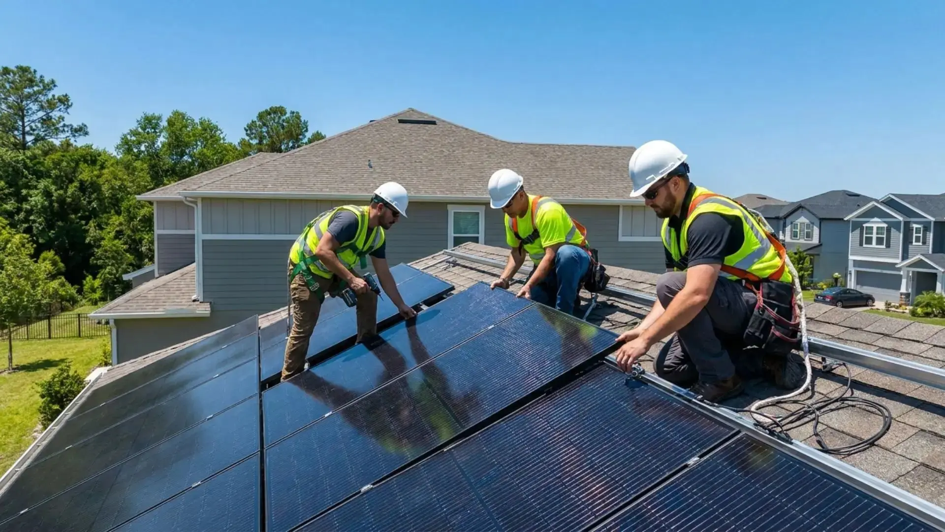 workers installing solar panels on residential roof for energy efficient home improvement tax credit eligibility