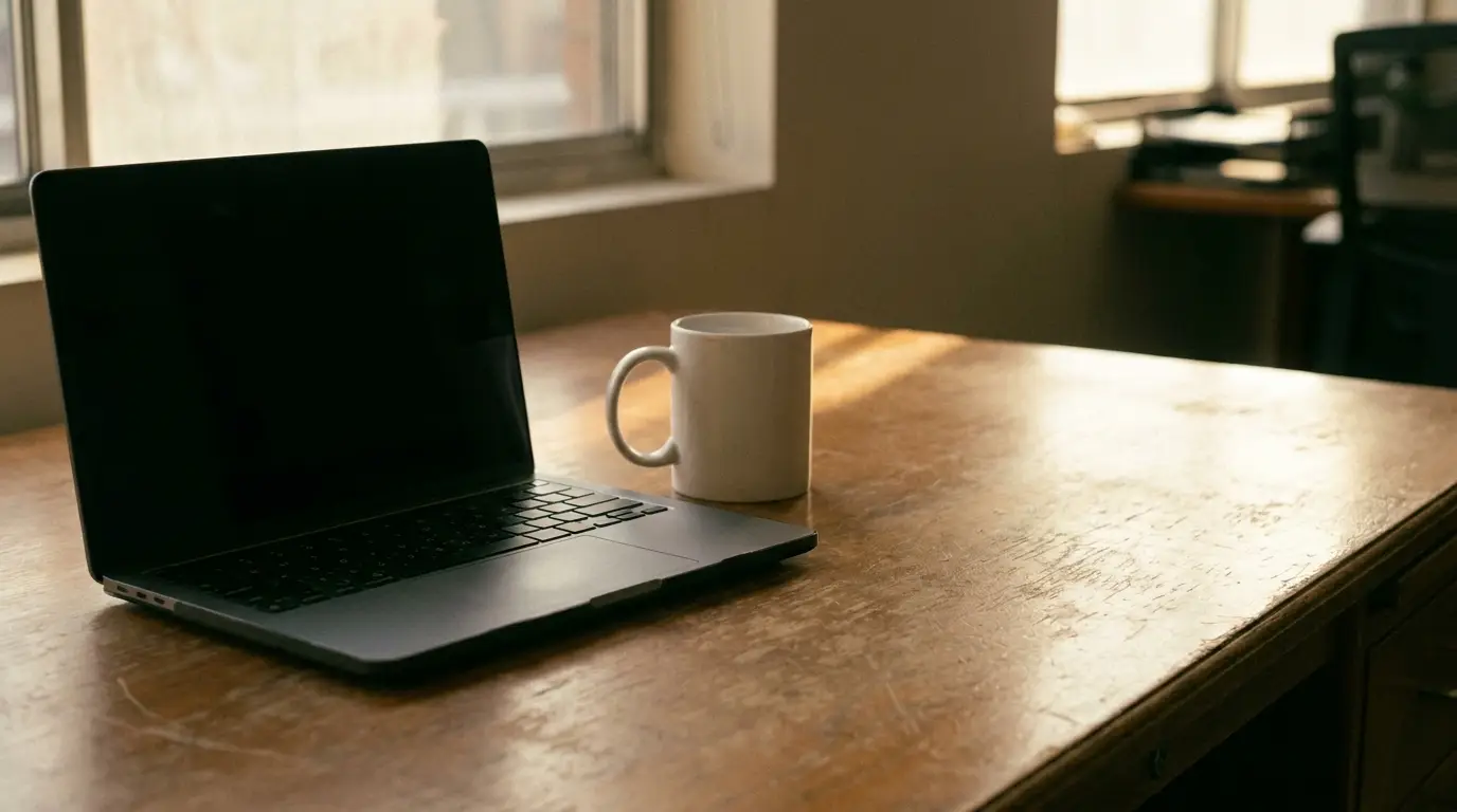 Laptop and white mug on a wooden desk illuminated by warm natural light