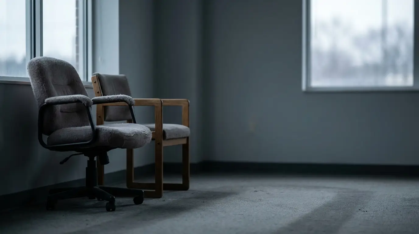 Two grey office chairs by large windows in a dimly lit room