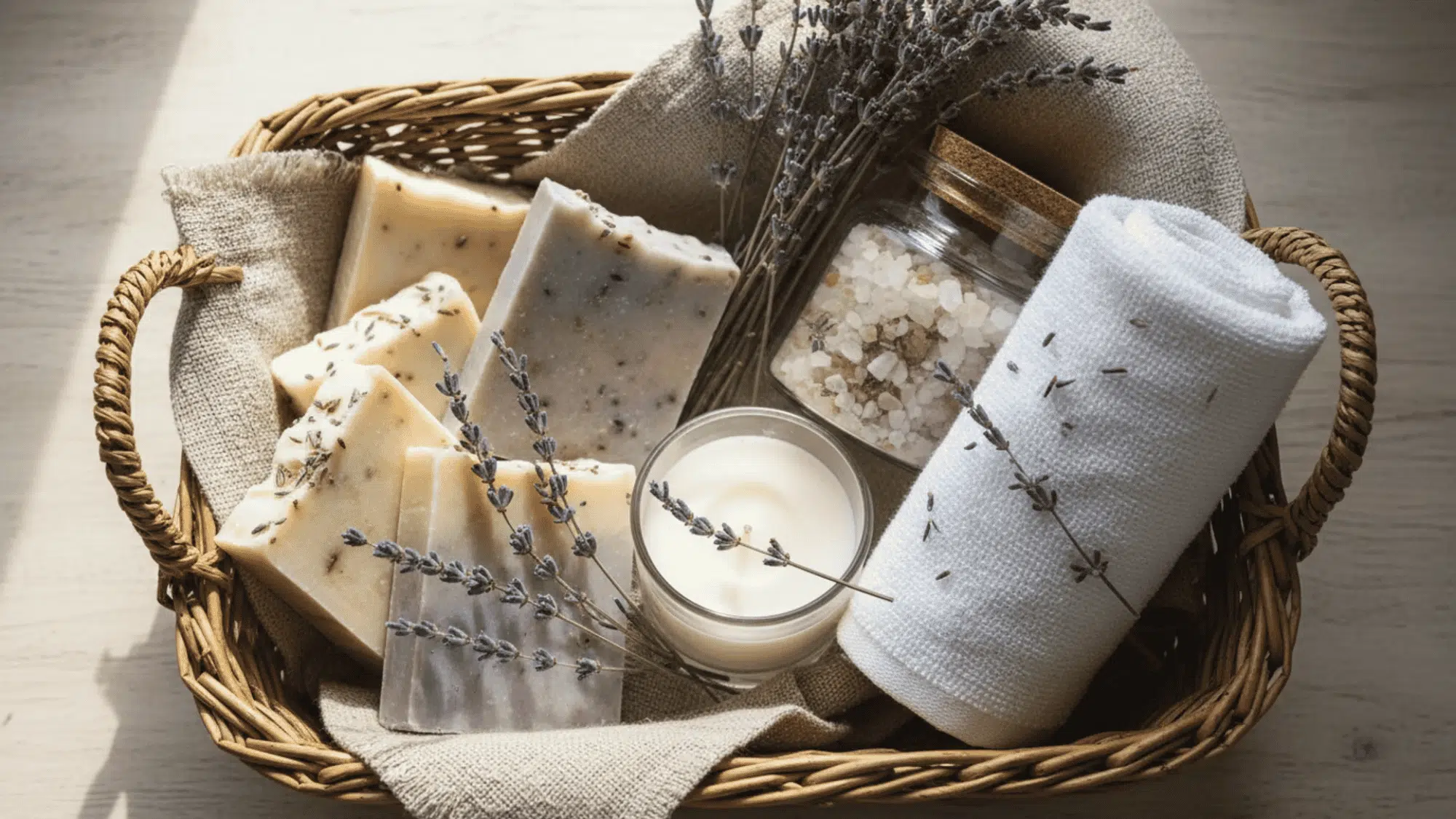 woven basket with handmade soap, candle, bath salts, and washcloth topped with lavender