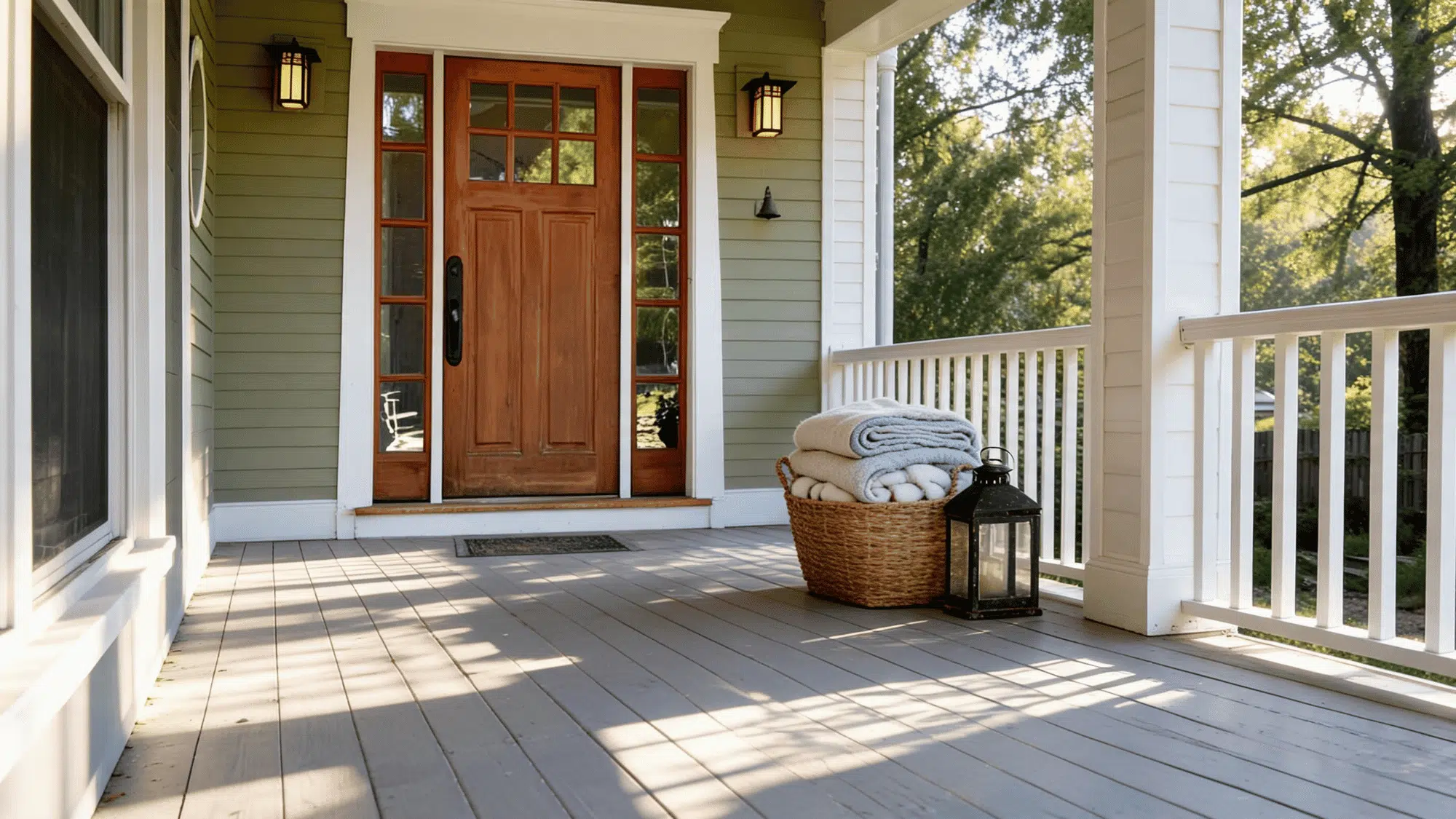 woven baskets with casually folded outdoor blankets and a rustic wooden lantern on a brick porch in morning light