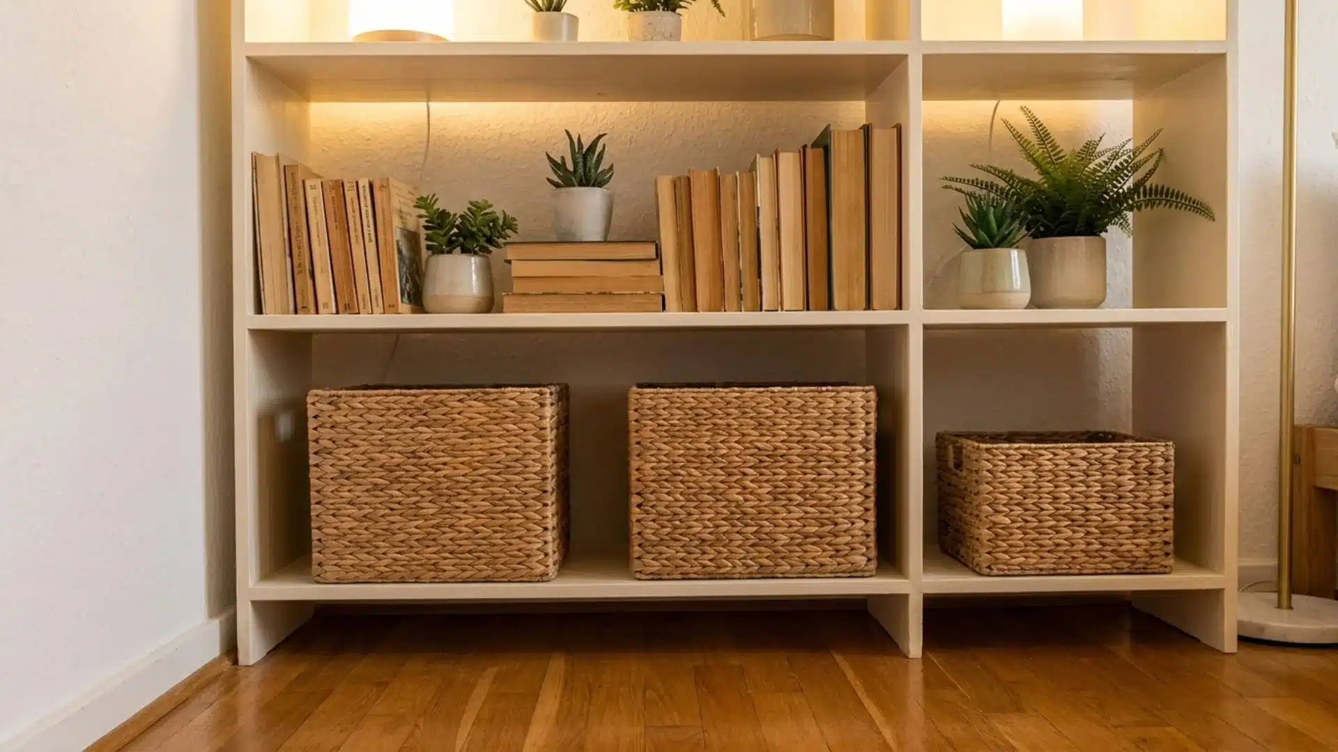 Woven storage baskets styled inside open shelving with books and plants for organized hidden storage display