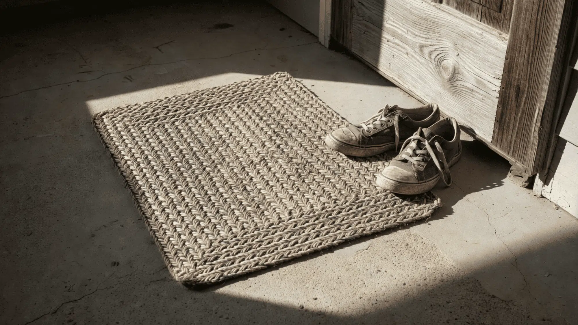 woven welcome mat on a slightly scuffed concrete porch floor near everyday sneakers in harsh afternoon sunlight