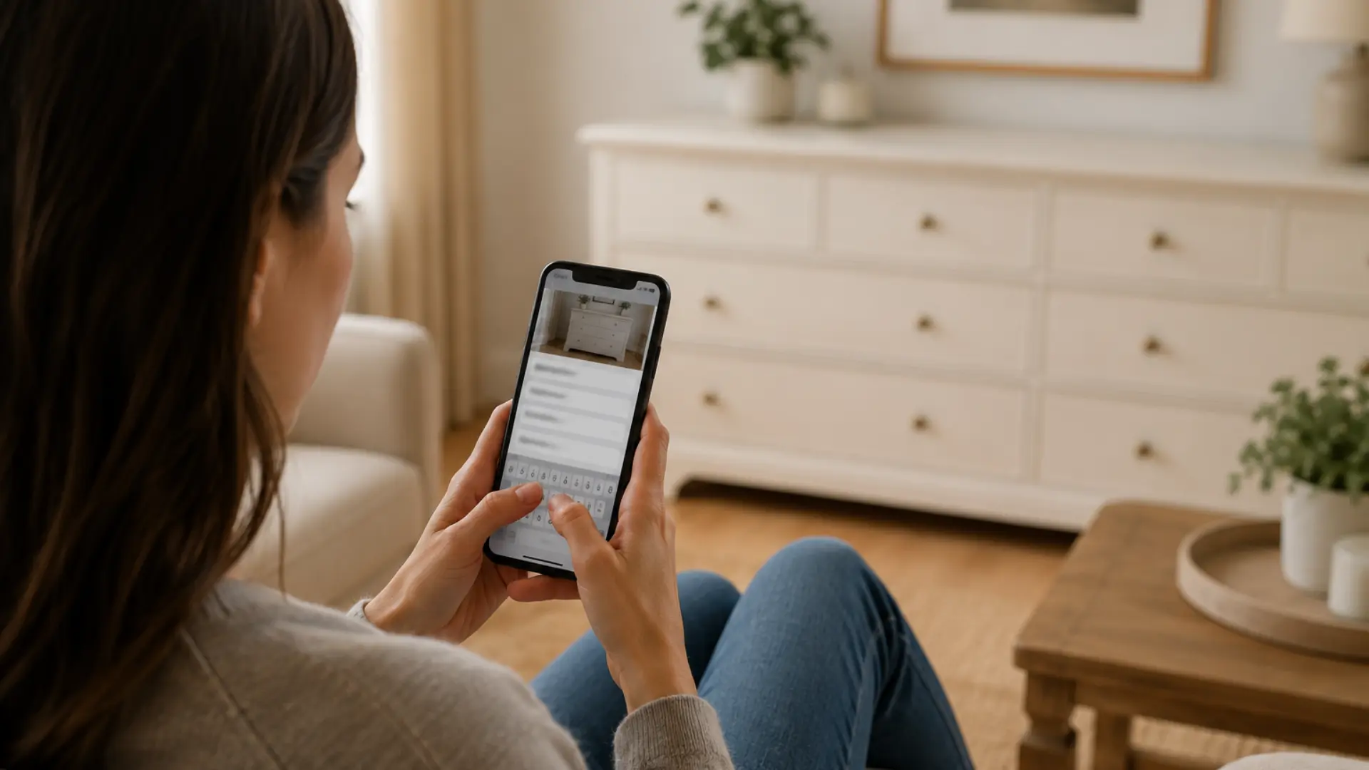 a realistic lifestyle photograph of a person sitting comfortably on a light sofa holding a smartphone with both hands and typing a furniture listing, the phone screen showing a blurred furniture listing interface with a photograph thumbnail at the top and several lines of completely unreadable blurred text below, the person appearing focused and relaxed, and a freshly painted dresser visible in soft focus in the background of the room under warm natural home lighting