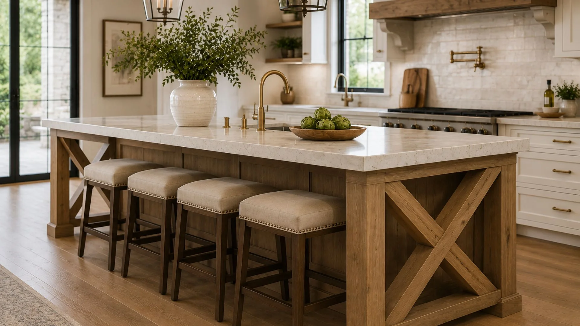 x-frame leg kitchen island in natural wood with stone countertop and upholstered nailhead stools