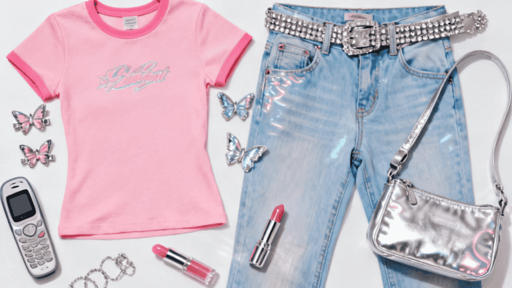 y2k aesthetic with baby tee low rise jeans butterfly clips metallic accessories and early fashion trends