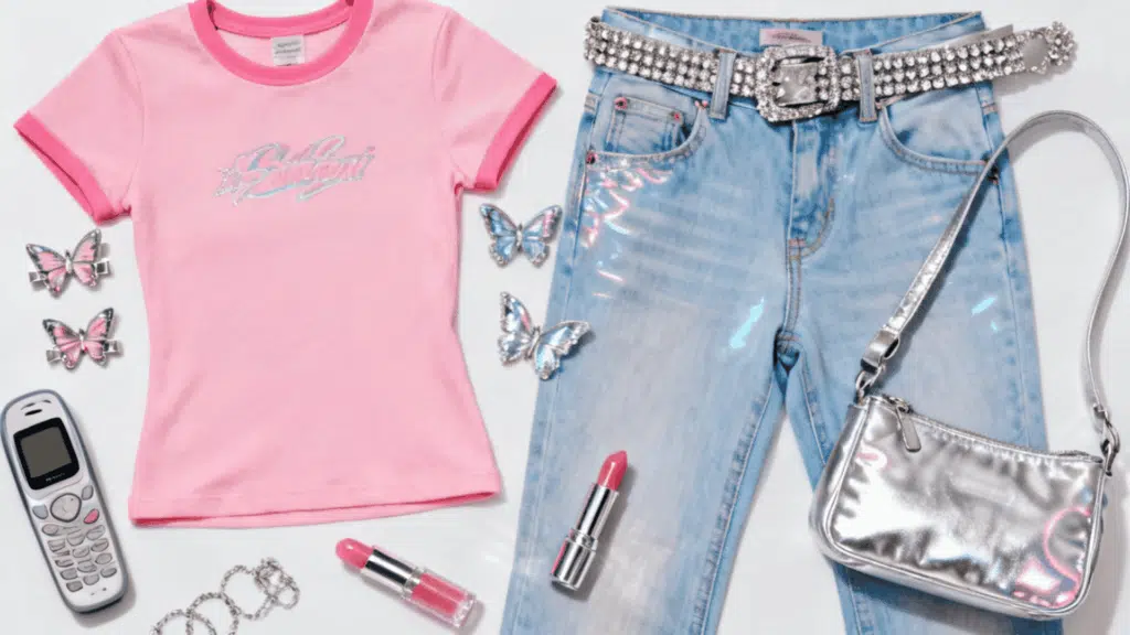 y2k aesthetic with baby tee low rise jeans butterfly clips metallic accessories and early fashion trends