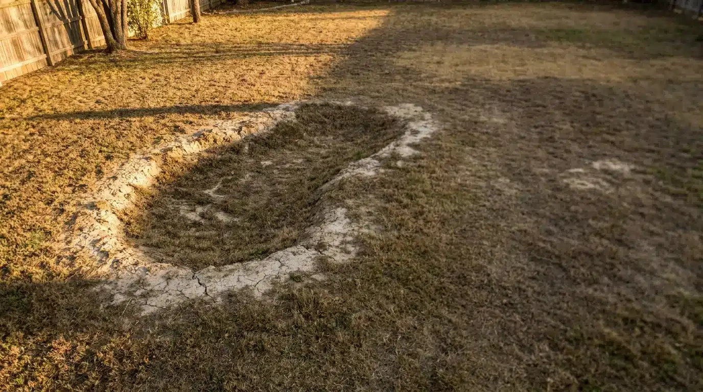 Dried circular patch of grass in a fenced backyard under warm sunlight