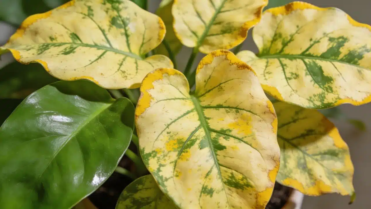 yellow and green plant leaves with brown edges beside one glossy green leaf