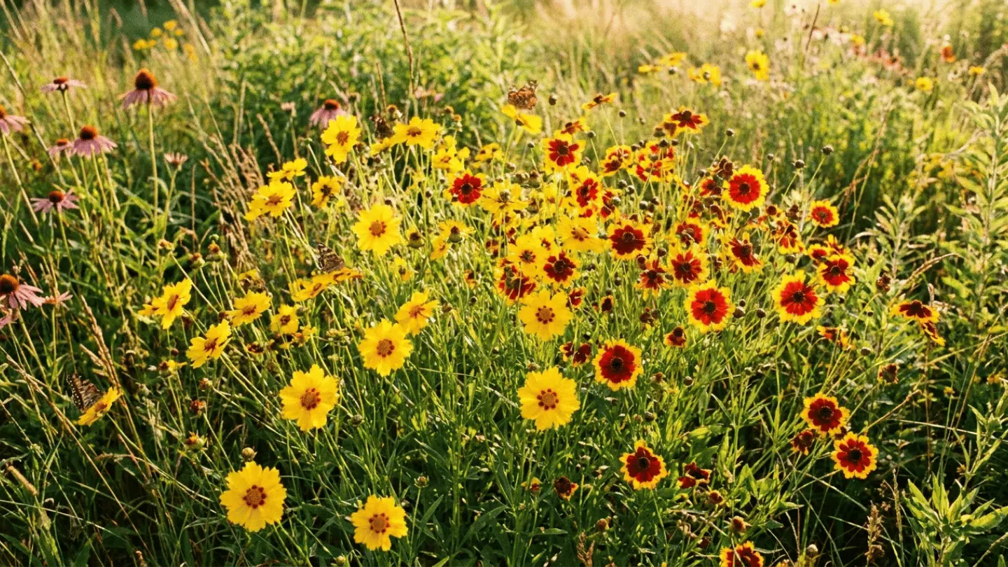 yellow and red wildflowers blooming in a sunlit meadow with butterflies flying among tall green grasses