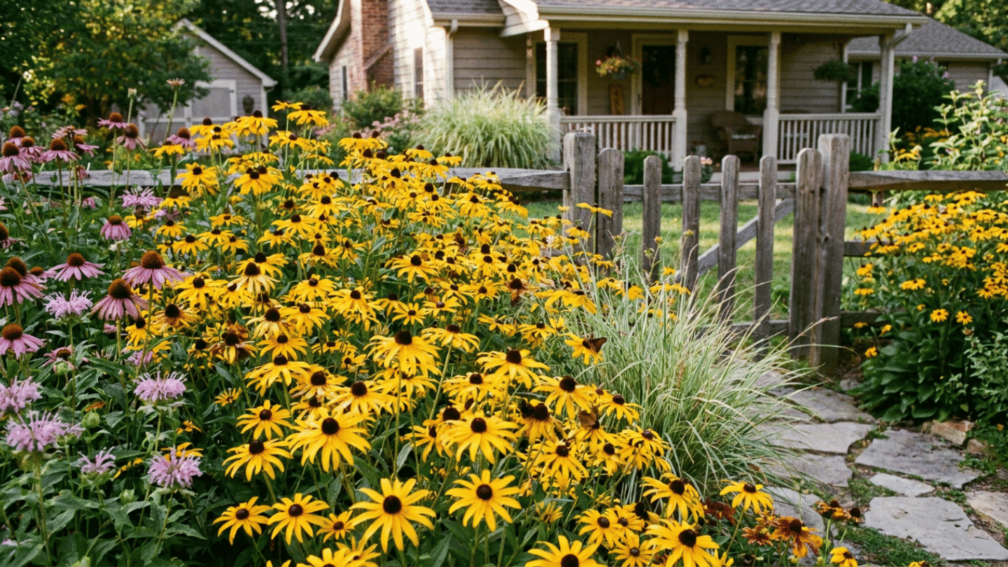 yellow coneflowers blooming beside a stone garden path leading to a cozy house with a wooden fence and porch