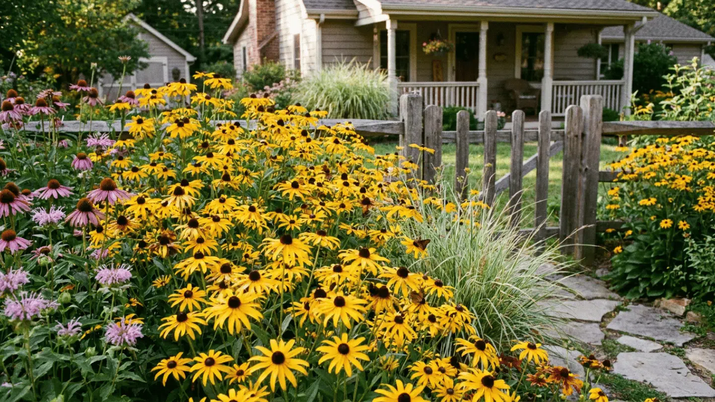 yellow coneflowers blooming beside a stone garden path leading to a cozy house with a wooden fence and porch