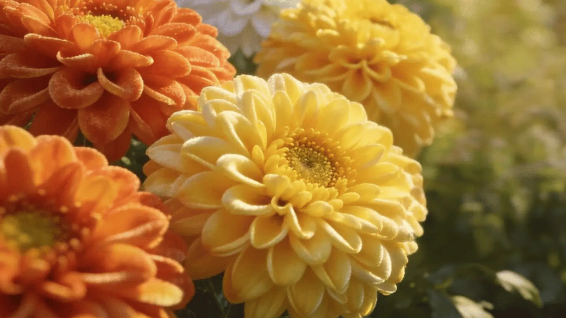 yellow white and orange flowers blooming in a sunny garden bed with blurred background