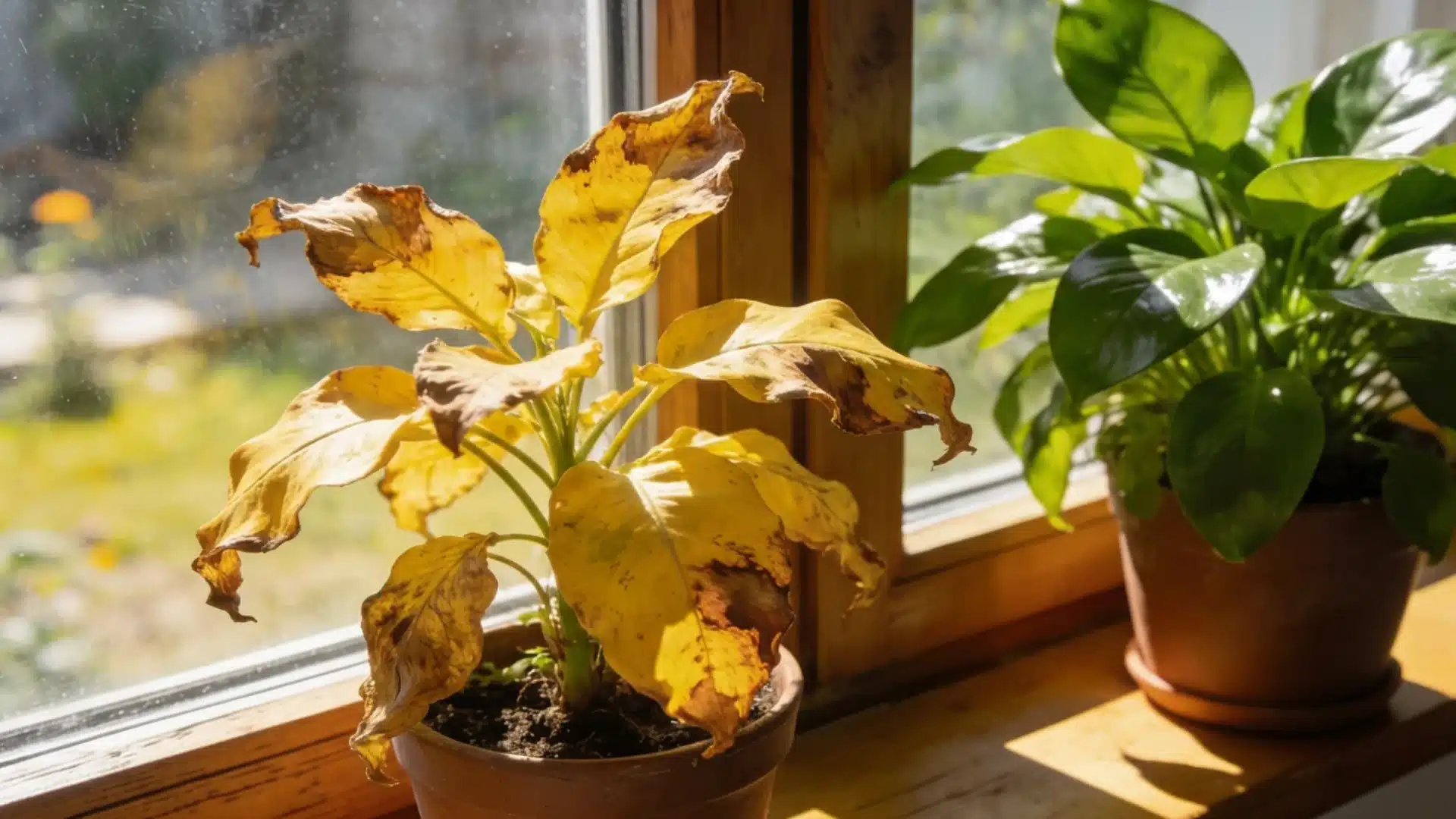 yellowing potted plant with brown leaf edges beside a healthy green plant on a sunny windowsill