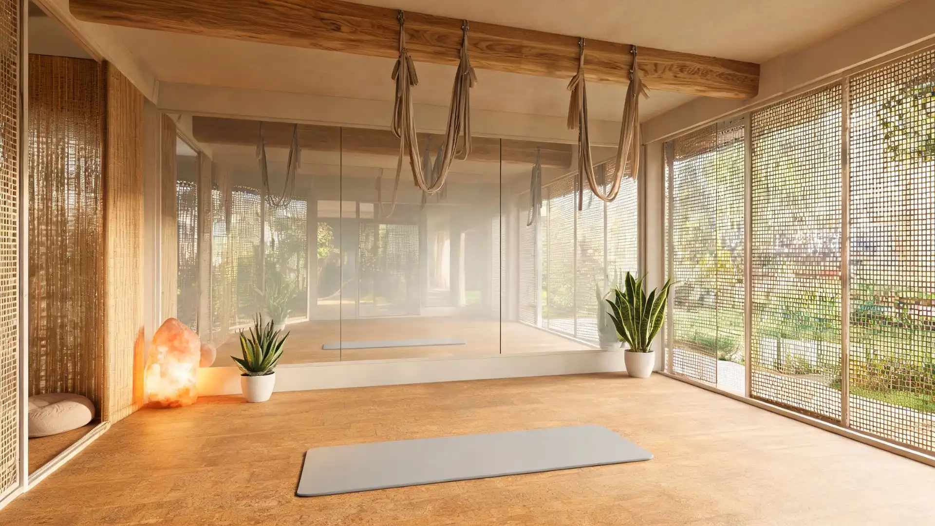 grey yoga mat on cork tile floor below aerial yoga straps hanging from an exposed natural wood beam