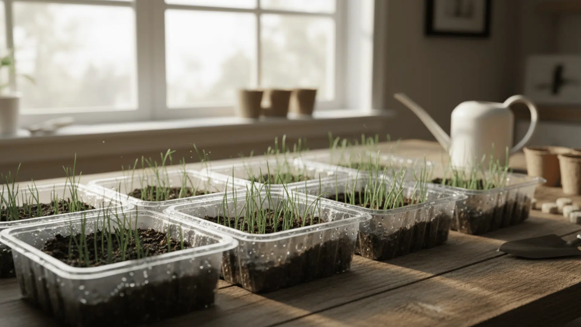 Young blue-eyed grass seedlings growing in clear plastic trays filled with moist soil on a wooden table near a bright sunny window inside a cozy indoor gardening space.