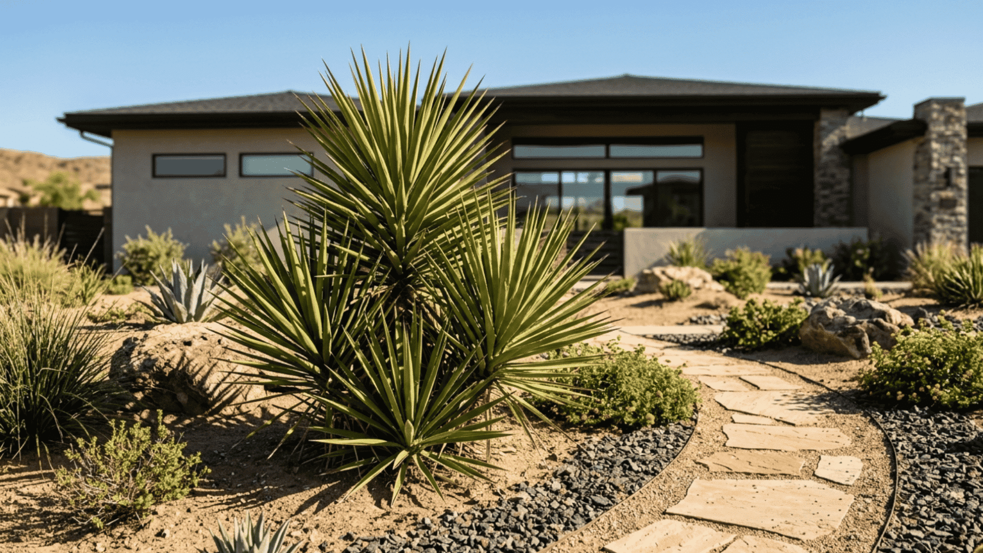 Yucca bold yucca plants growing in dry gravel landscape with modern desert garden style