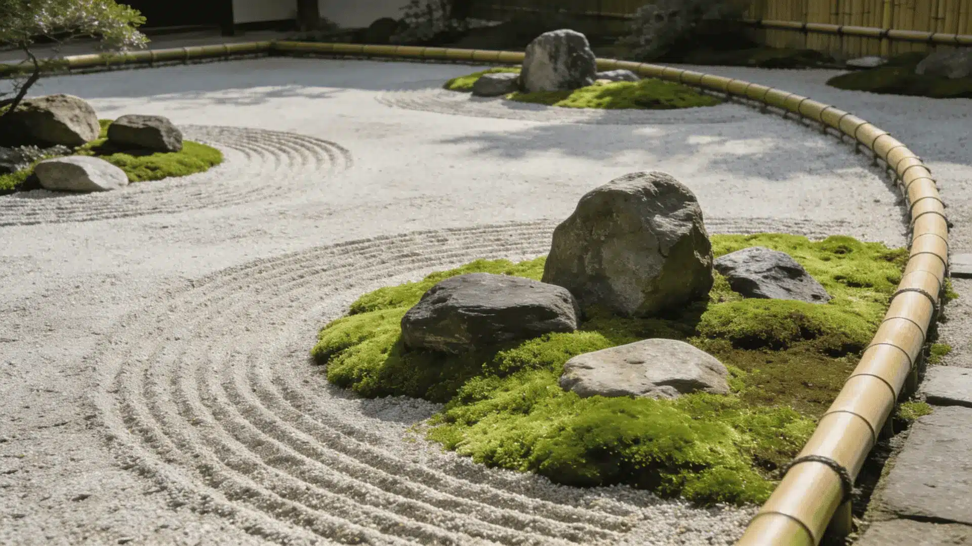 zen garden with raked white gravel mossy rock islands bamboo border and curved patterns in soft sunlight