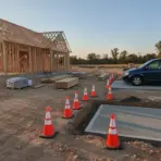 Wooden house frame under construction with adjacent van and traffic cones at sunset