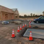 Wooden house frame under construction with adjacent van and traffic cones at sunset