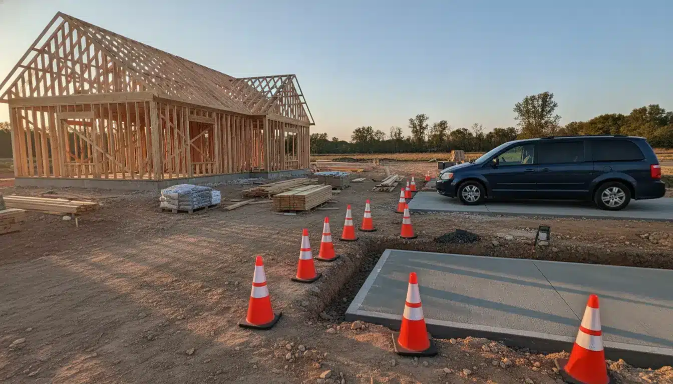 Wooden house frame under construction with adjacent van and traffic cones at sunset
