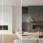 Two living room fireplace designs, one with white minimal decor, the other with dark stone and green accents