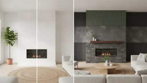 Two living room fireplace designs, one with white minimal decor, the other with dark stone and green accents