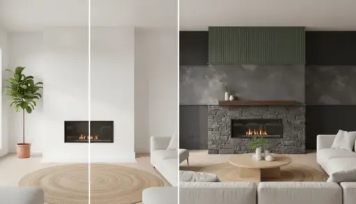 Two living room fireplace designs, one with white minimal decor, the other with dark stone and green accents