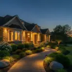 Elegant house facade with warm outdoor lighting and landscaped garden at dusk