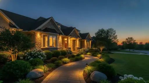 Elegant house facade with warm outdoor lighting and landscaped garden at dusk