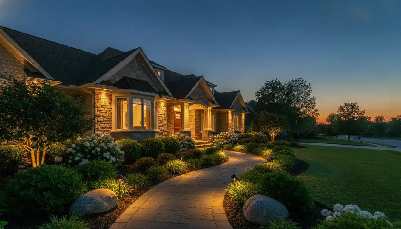 Elegant house facade with warm outdoor lighting and landscaped garden at dusk