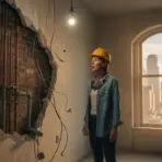 Worker in hard hat inspecting exposed brick wall with pipes and wires in dimly lit room
