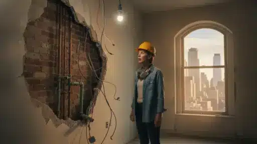 Worker in hard hat inspecting exposed brick wall with pipes and wires in dimly lit room