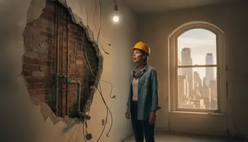 Worker in hard hat inspecting exposed brick wall with pipes and wires in dimly lit room