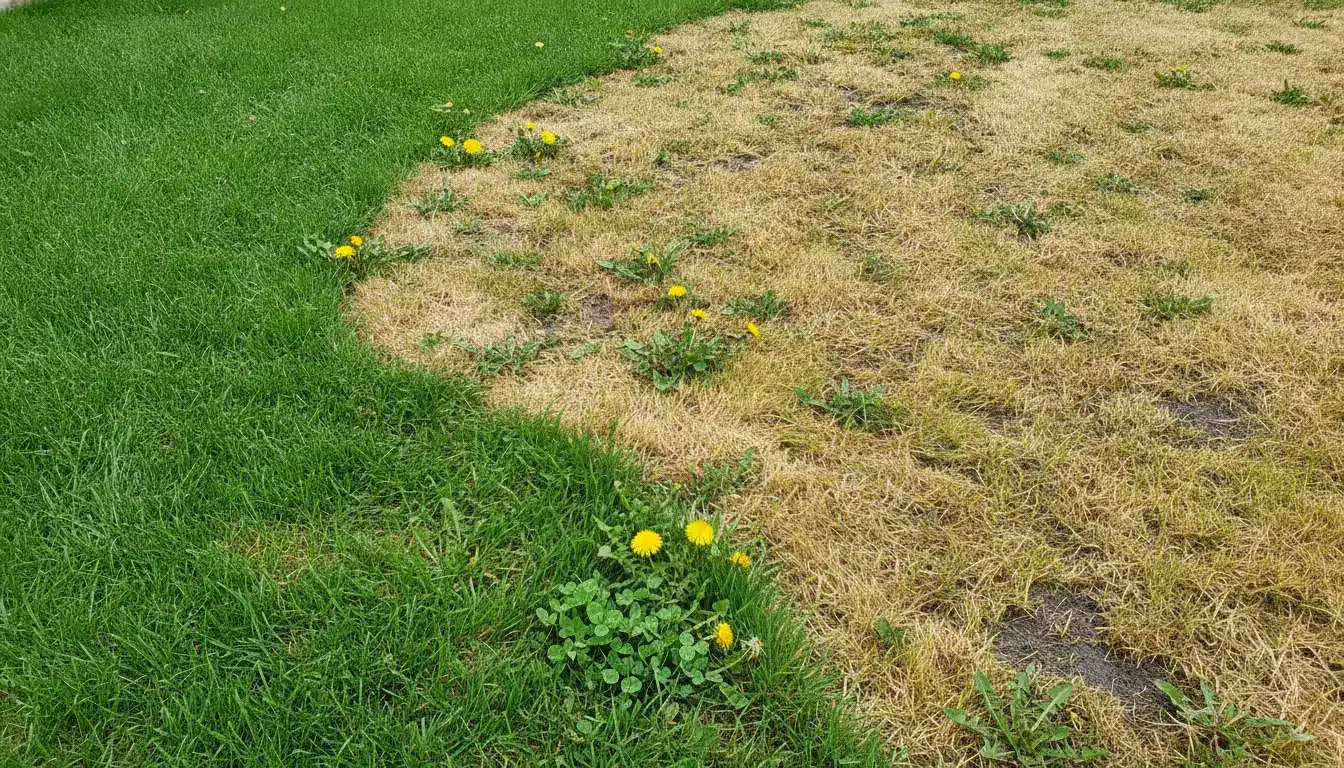 Patchy lawn with green and brown grass featuring scattered yellow dandelions