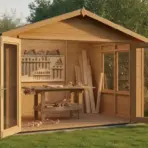 Wooden workshop shed with open doors, woodworking tools on wall, surrounded by greenery