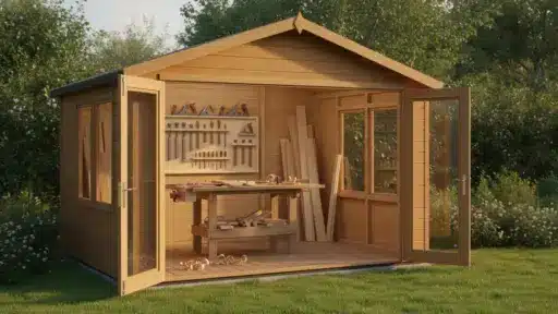 Wooden workshop shed with open doors, woodworking tools on wall, surrounded by greenery