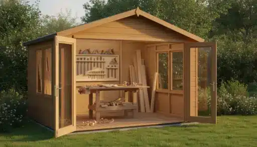 Wooden workshop shed with open doors, woodworking tools on wall, surrounded by greenery
