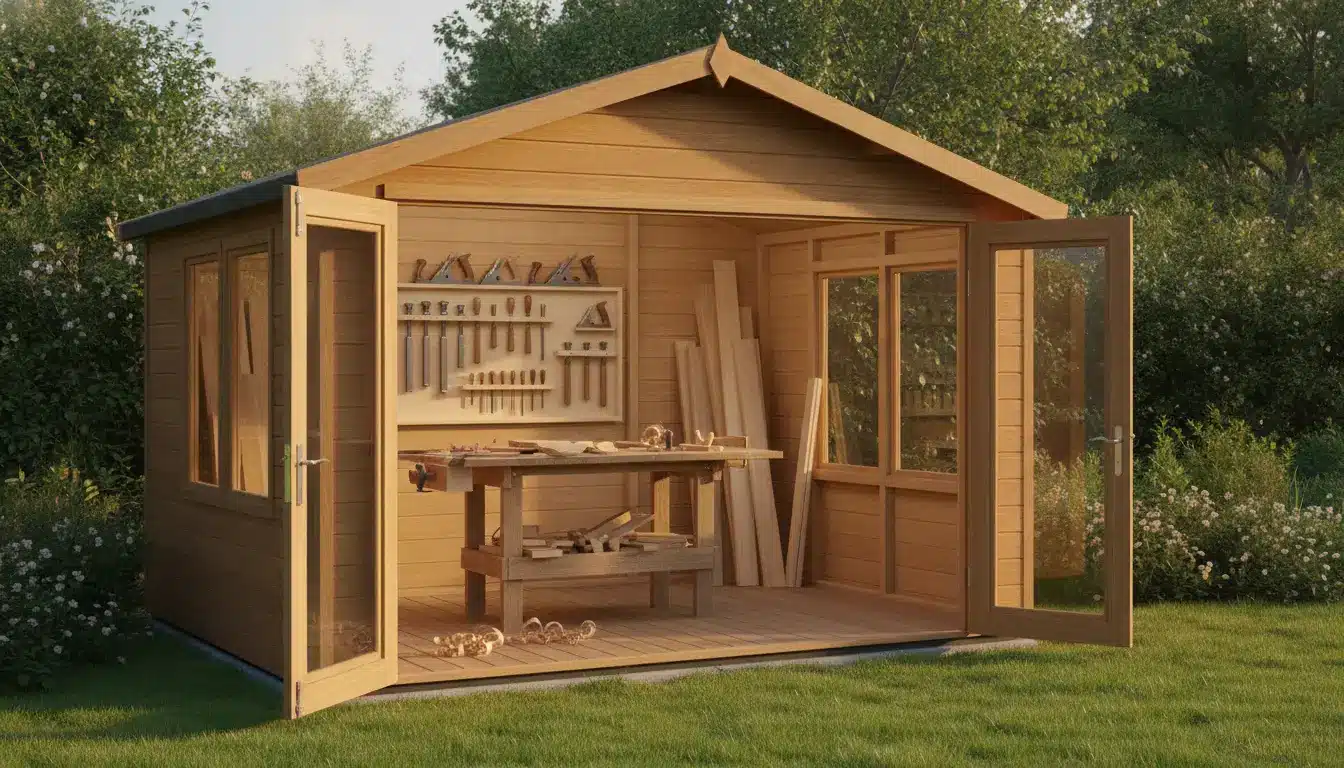 Wooden workshop shed with open doors, woodworking tools on wall, surrounded by greenery