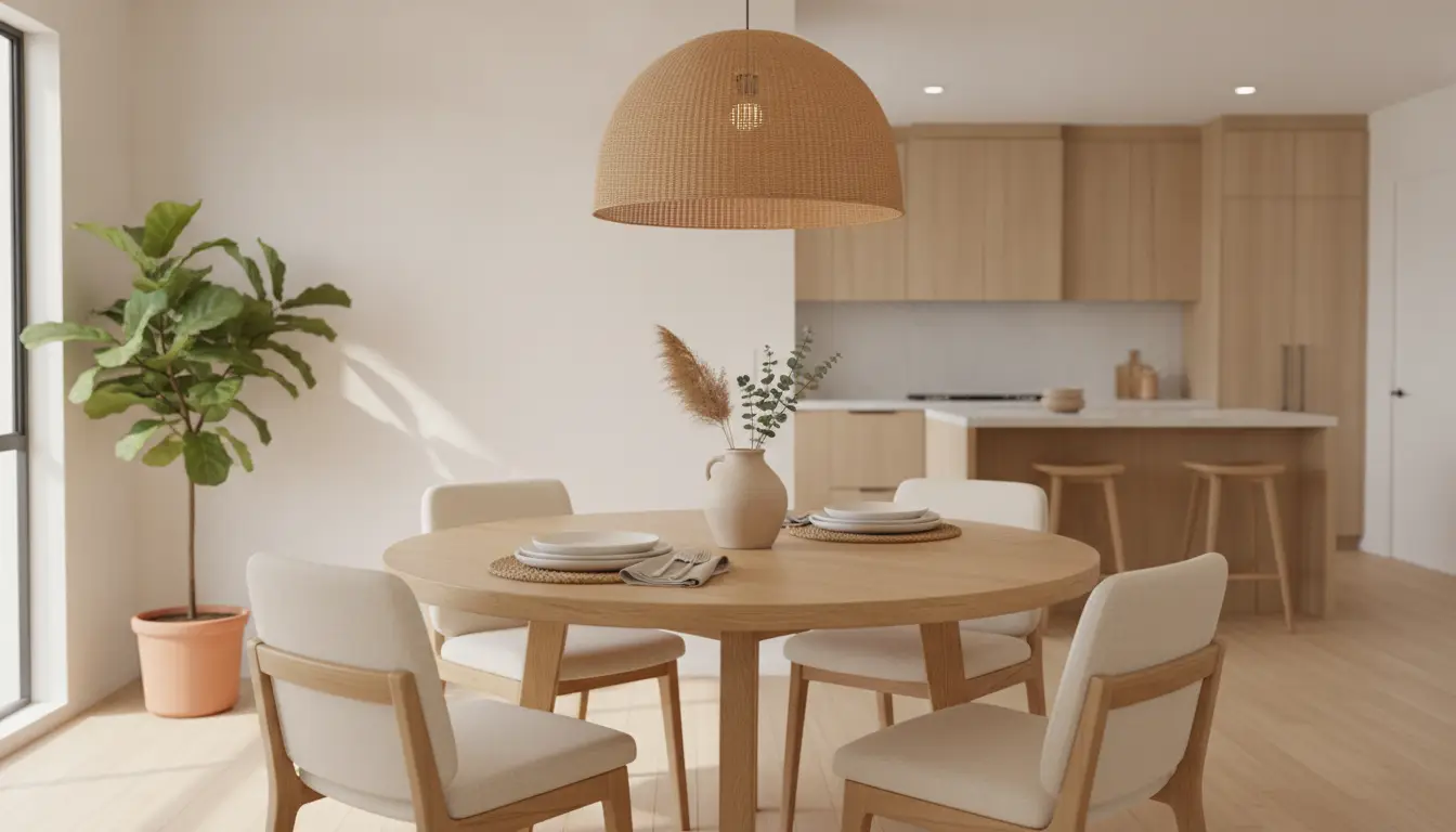 Round wooden dining table with plates and vase in modern kitchen with pendant light