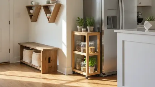 Wooden kitchen storage with glass jars and plants beside stainless steel refrigerator
