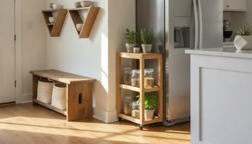 Wooden kitchen storage with glass jars and plants beside stainless steel refrigerator