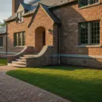 Brick house with arched entryway and brick path surrounded by green lawn in evening light