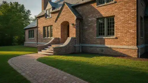 Brick house with arched entryway and brick path surrounded by green lawn in evening light