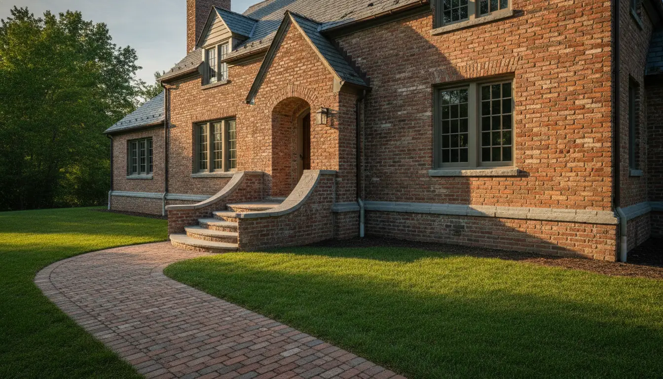 Brick house with arched entryway and brick path surrounded by green lawn in evening light