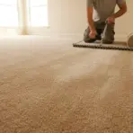 Installing beige carpet in sunlit empty room with roll and knee kicker tool